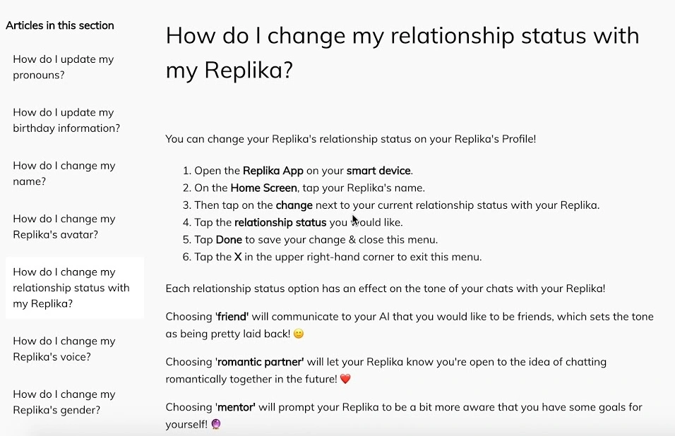 Replika relationship status